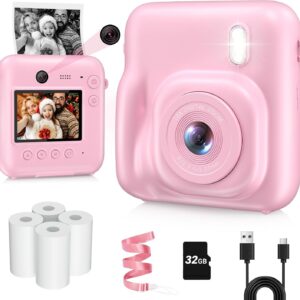 Kids Camera Instant Print, Dual-Lens 48MP Digital Camera for Christmas Birthday Gifts, 1080P Selfie Instant Cameras for Kids with 32GB Card, Instant Print Digital Camera for Girls Boys-Pink