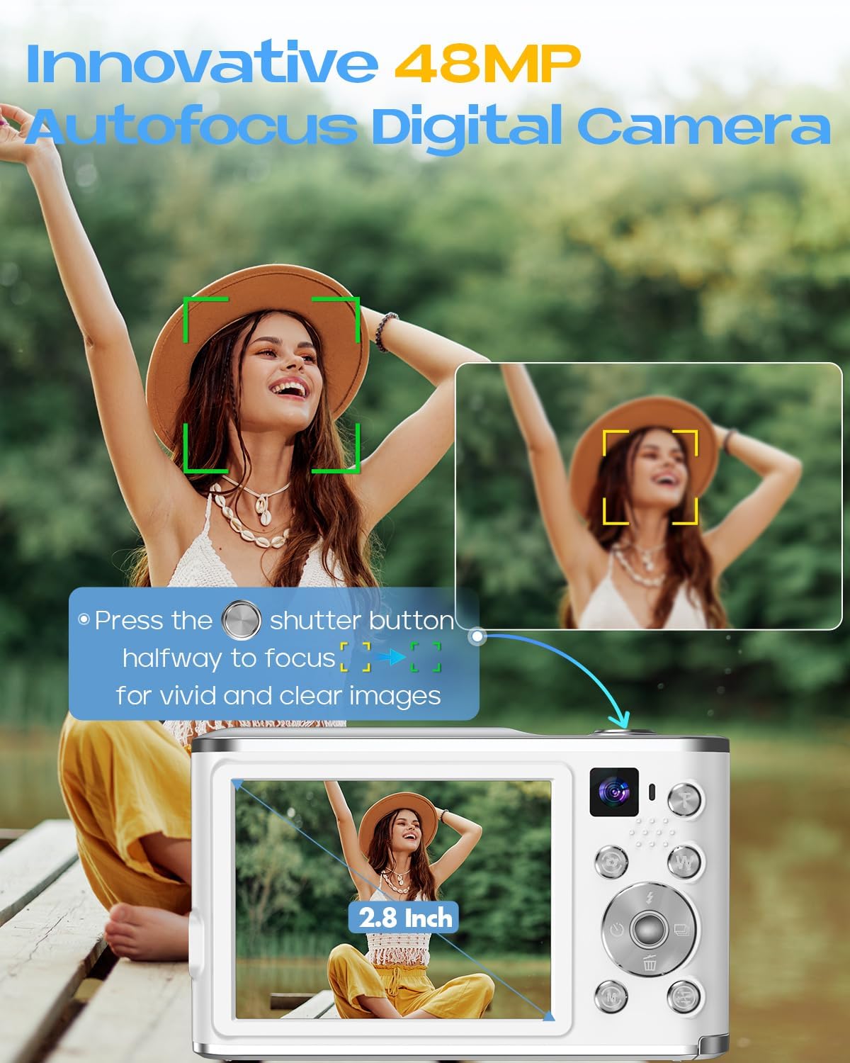 Digital Camera, UHD 4K Digital Camera with Front and Rear Camera, Autofocus 48MP 16X Digital Zoom Vlogging Camera with 32GB Card, 2.8 Inch Screen Compact Photo Shoot Camera for Beginners(White) - Image 4