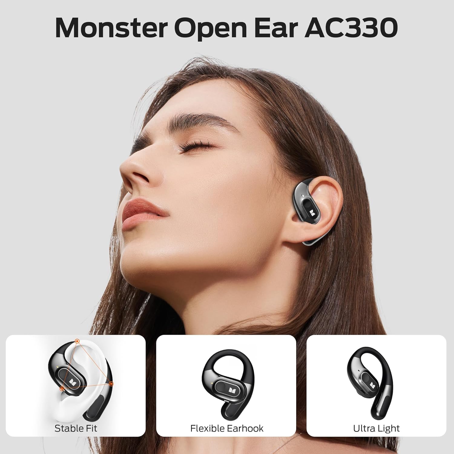 Monster Open Ear Headphones AC330, Wireless Earbuds Bluetooth 5.4 with Clear Talk, Stylish Rotating Case with Lanyard, Type-C Charging,Comfort Fit, 24H Playback, IPX5 Water Resistant, Black - Image 2