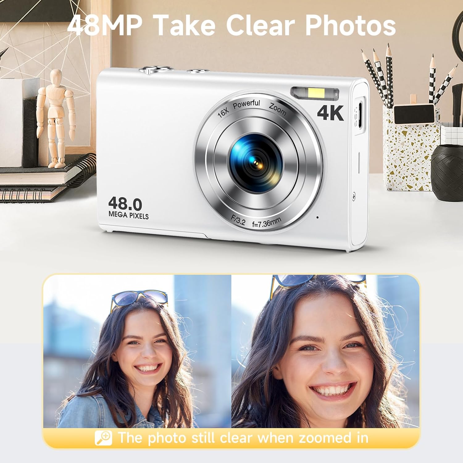 Digital Camera, Autofocus 48MP UHD 4K Vlogging Camera 16X Digital Zoom, Portable Compact Point and Shoot Digital Camera for Teens Adult Beginner with 32GB Card, 2 Batteries, Lanyard(White) - Image 4