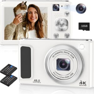 4K Digital Camera, 48MP Autofocus Cameras for Photography,Vlogging Compact Camera with Front and Rear Camera, 16X Zoom Protable Point and Shoot Cameras with 32GB SD Card,Anti-Shake,2 Batteries