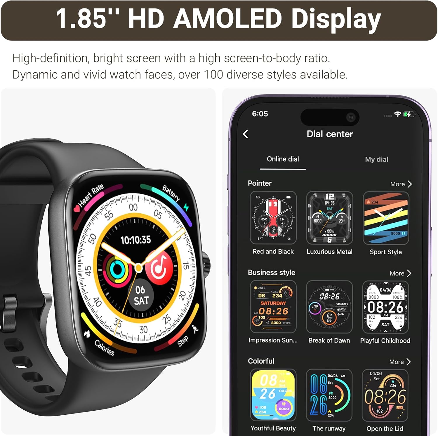 TOZO AMOLED S7 Smart Watch Bluetooth Call 1.85” Ultra HD Screen,Dynamic Dials Messages Push 100+ Sports Modes,Detect Human Health (Heart Rate,Blood Oxygen) with High Battery Life Touch Screen Watch - Image 7