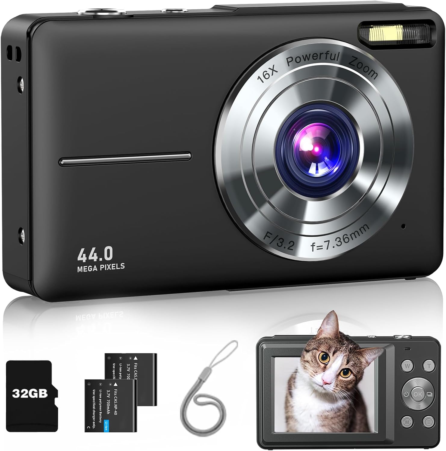 Digital Camera, Lecran FHD 1080P Kids Camera 44MP with 32GB Card, 2 Batteries, Lanyard, 16X Zoom Anti Shake, Compact Portable Small Point Shoot Camera for Kids Student Children Teens Girl Boy(Black)