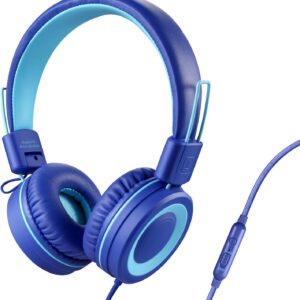 P10 Kids Stereo Headphones with Microphone for Children Boys Girls,Adjustable 85dB/94dB Volume Control Foldable On-Ear Headphone for School/PC/Cellphone(Blue)