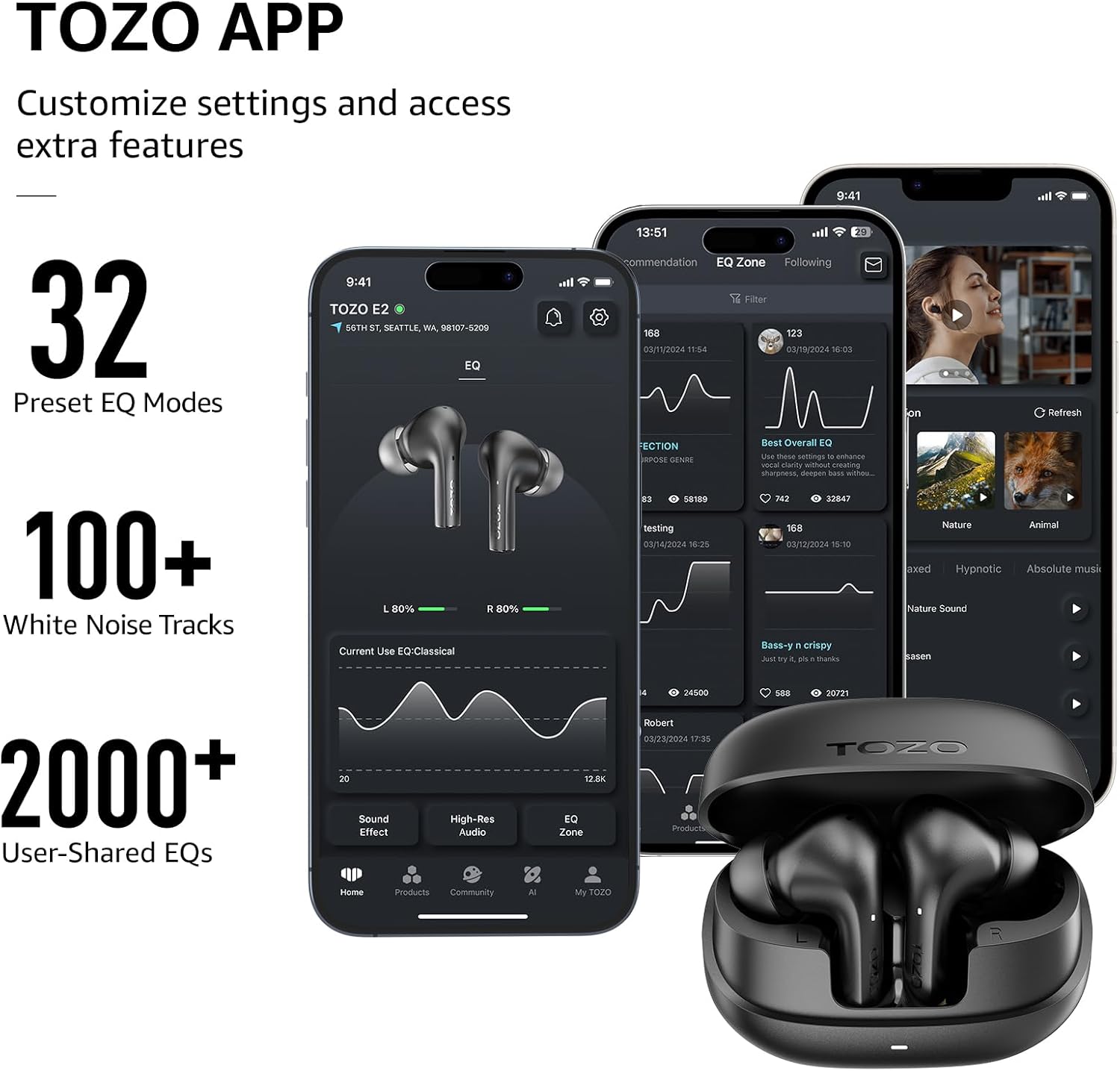 TOZO E2 Wireless Earbuds with Call Noise Cancellation, App Customize 32 EQs, 10mm Drivers with Powerful Bass, 30H Playtime, 2 Mics for Clear Calls, Bluetooth 5.3 Headphones, Comfort Fit in-Ear Headset - Image 4