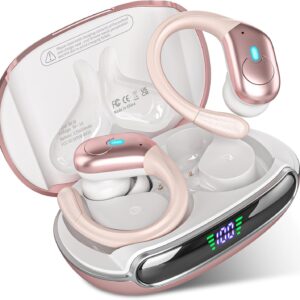 Wireless Bluetooth Earbuds, 80Hrs Playback with LED Display, IPX7 Waterproof, Over Ear Earhooks, Rose Gold