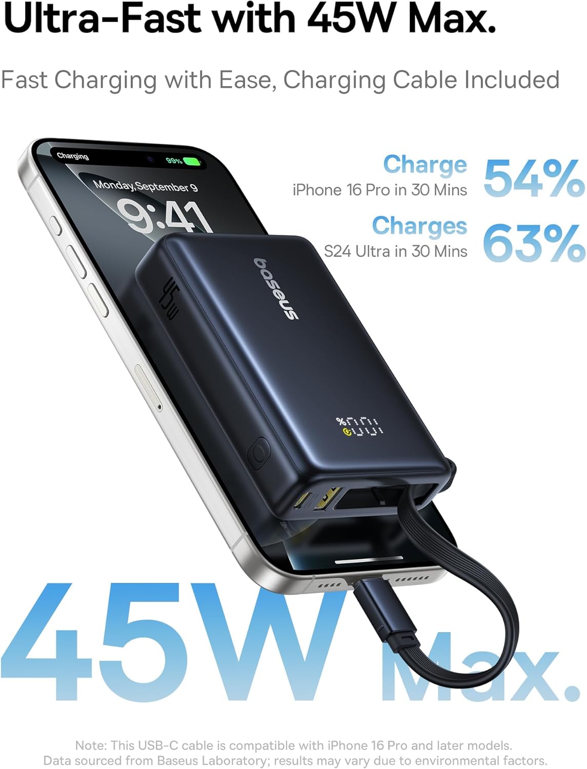 Baseus Power Bank, Picogo 10000mAh 45W 3-Output Portable Charger with Built-in USB-C Cable, PPS/PD QC Fast Charging External Battery Pack for iPhone 16/15/14/13 Series, Samsung, MacBook Pro, iPad - Image 7