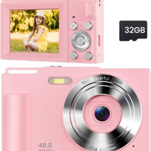 Digital Camera for Kids: FHD 1080P Camera - Video Cameras for Teens - 16X Zoom Shoot Camera for Girls - Compact Camera with 32GB TF Card for Photography - Anti Shake Mini Camera for Vlogging Pink