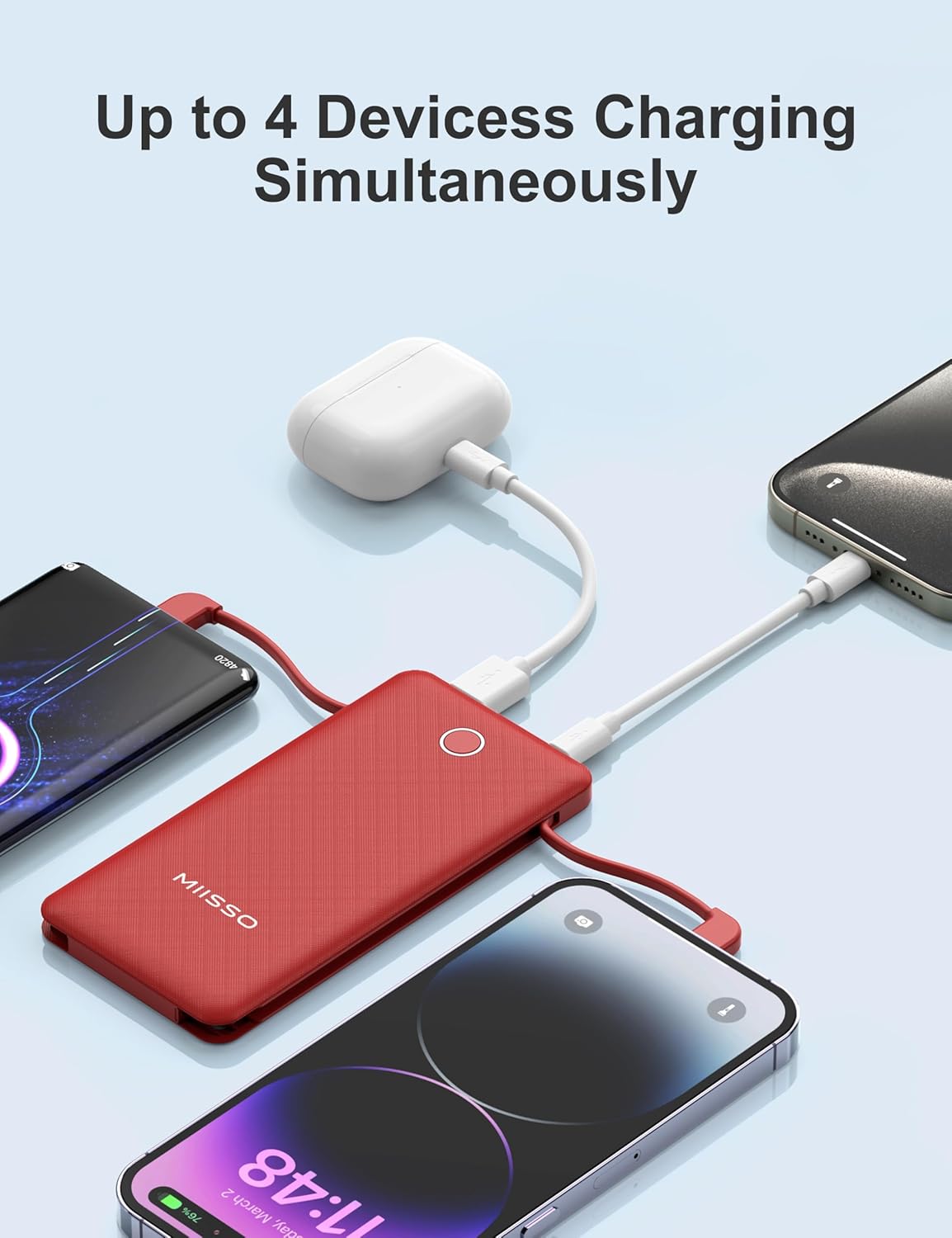 miisso 10000mah Slim Portable Charger with Built in Cable, Power Bank Travel Phone Charger External Battery Pack for Phones, 4 Output USB C Cords Clutch Charger Compatible with iPhone, Samsung, Red - Image 4