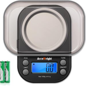 AccuWeight Gram Scale with 1000g/0.1g High Precision Mini Coffee Jewelry Scale with 6 Measuring Units, Backlit Display, and Tare, Calibration, and Count by Piece Functions