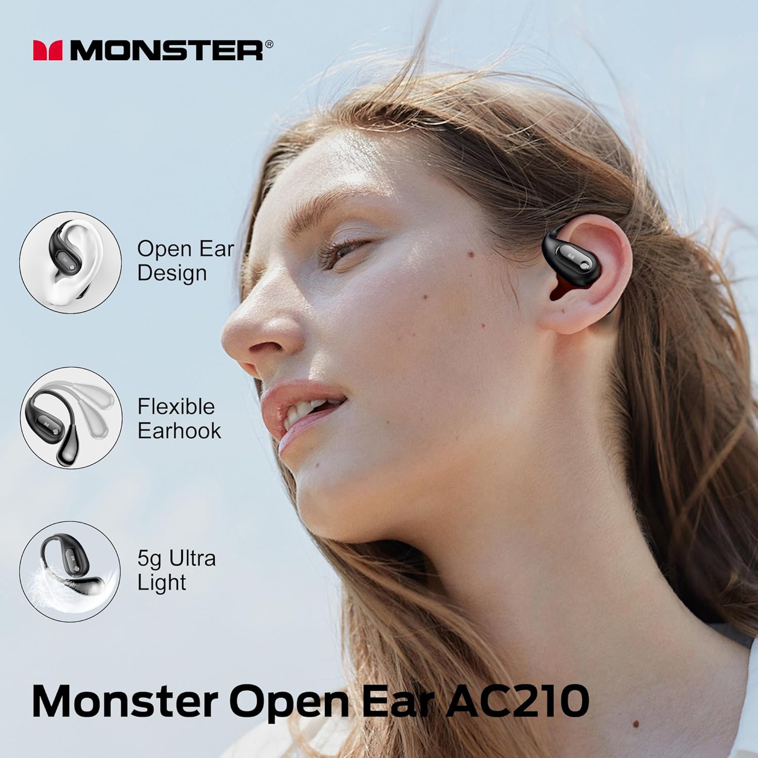 Monster Open Ear AC210 Headphones, Bluetooth 5.4 Earphones Stereo Sound, Wireless Headphones 30 Hours Playback, Type-C Charging, IPX5 Waterproof Open Ear Earbuds,Back - Image 2