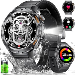 Military Smart Watches for Men with LED Flashlight(Answer/Make Calls),530mAh Large Battery,1.43’’ AMOLED,5ATM Waterproof Smartwatch for Android iOS,130+Sport Modes Heart Rate/Sleep Monitor Leather