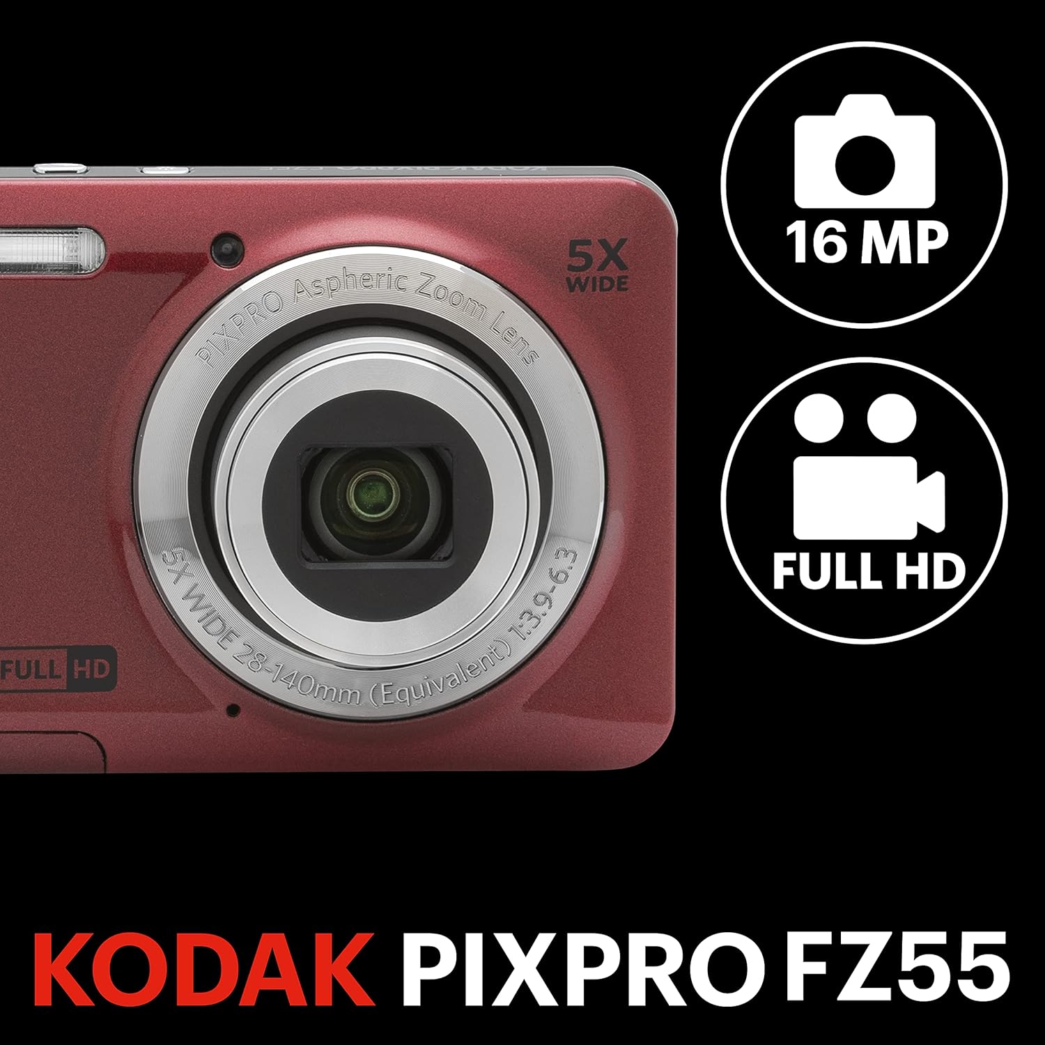 KODAK PIXPRO FZ55-RD 16MP Digital Camera 5X Optical Zoom 28mm Wide Angle 1080P Full HD Video 2.7" LCD Vlogging Camera (Red) Packaging May Vary - Image 2