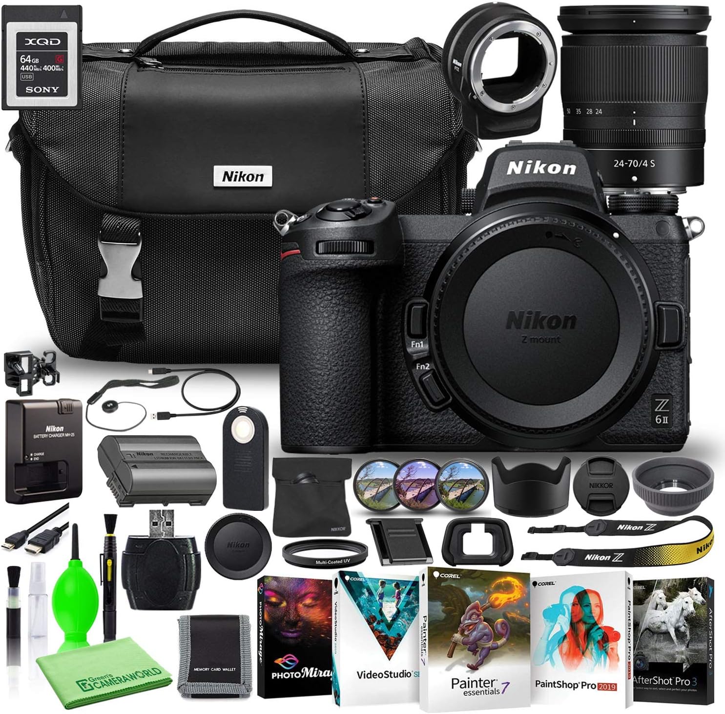 Nikon Z 6II 24.5MP Mirrorless Digital Camera with 24-70mm Lens (1663) USA Model Deluxe Bundle with Sony 64GB XQD Memory Card + Nikon FTZ Adapter + Nikon Camera Bag + Editing Software + More