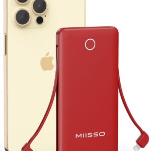 miisso 10000mah Slim Portable Charger with Built in Cable, Power Bank Travel Phone Charger External Battery Pack for Phones, 4 Output USB C Cords Clutch Charger Compatible with iPhone, Samsung, Red