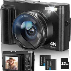 4K Digital Camera for Photography and Video, Autofocus 48MP Vlogging Camera 180° Flip Screen for Selfie and Vlog 16X Zoom Compact Digital Camera with Flash, 32GB Card, 2 Batteries