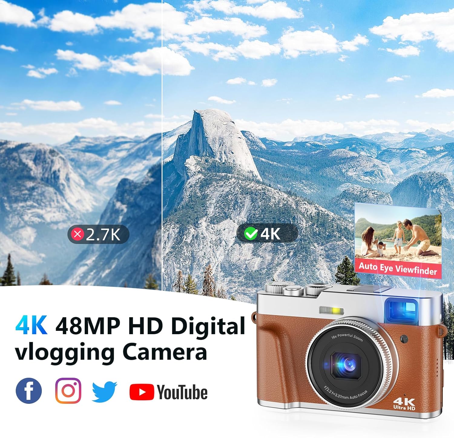 4K Digital Camera, Photography Autofocus 48MP YouTube Vlogging Camera, 16X Digital Zoom Video Camera Anti-Shake with 32GB Micro Card, Compact Point and Shoot Travel Cameras for Gifts(Brown) - Image 2