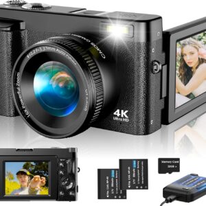 4K Digital Camera for Photography Autofocus, Upgraded 48MP Vlogging Camera for YouTube with SD Card, 3" 180 Flip Screen Compact Travel Camera with 16X Digital Zoom, Flash, Anti-Shake, 2 Batteries
