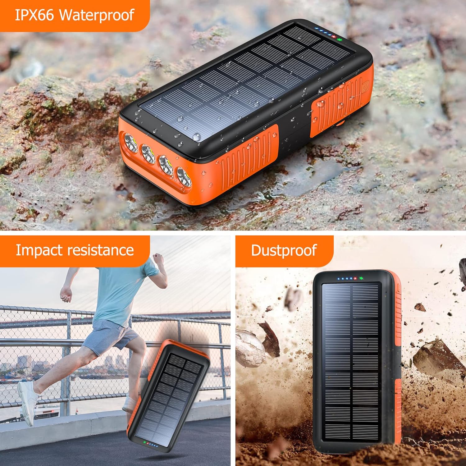 Solar Charger Power Bank 63200mAh, Portable Charger with Dual Outputs & Dual Inputs 4 LEDs Flashlight, Hand Crank Power Bank Fast Charging Battery Pack for Outdoor Camping Survival Gear - Image 7