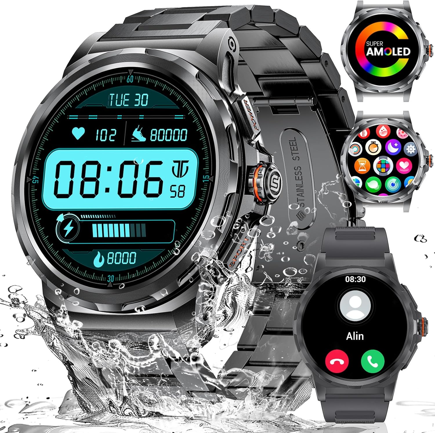 Military Smart Watch for Men(Answer/Dial Calls),1.46'' AMOLED Touchscreen/5ATM Waterproof/120+ Sports Modes Fitness Watch with Blood Pressure/Heart Rate/SpO2/Pedometer for Android iOS Smartwatch Black