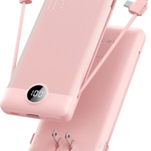 VRURC Portable Charger Built-in Cables and AC Wall Plug, USB C Power Bank 10000mAh, [2023 Upgraded Version] Phone Charger Compact Lightweight External Battery Pack for Smart Phones, Tablets etc-Pink