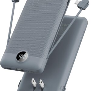 VRURC Portable Charger Built-in Cables and AC Wall Plug, USB C Power Bank 10000mAh, Portable Phone Charger Compact Lightweight External Battery Pack for Smart Phones, Tablets etc-Grey