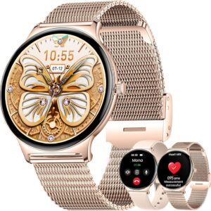 LAKEYLOYI Smart Watch for Women Men Answer Make Calls 1.43" AMOLED Full Touch Ultra-Thin Smartwatches Health Monitor Sport Waterproof Fitness Tracker Gold Silicone Smartwatch for Android iOS