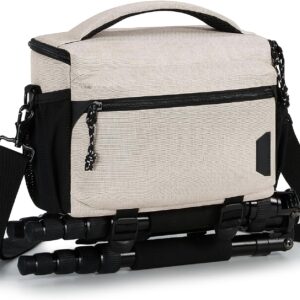 BAGSMART Small Camera Bag for Photographers, Compact Camera Shoulder Bags for DSLR/SLR/Mirrorless Cameras, Waterproof Crossbody Camera Case with Tripod Holder, Ivory White