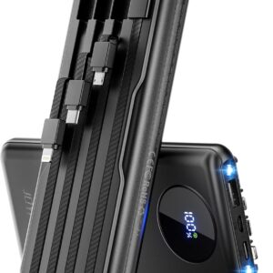 Portable-Charger-Power-Bank Travel Essentials Battery Pack USB C 10000mAh Built in Cable 22.5W Phone Fast Charging Powerbank Compatible with iPhone 16 15 14 13 12 11 iPad Samsung Google (Black)