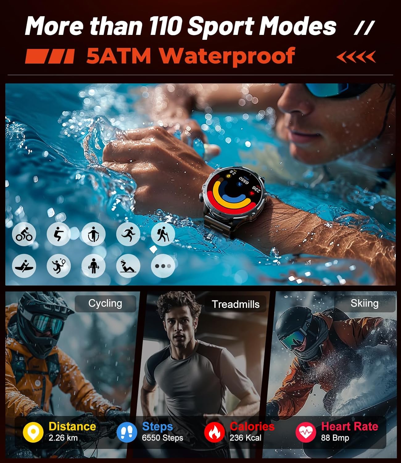 Military Smart Watch for Men, 1.85'' HD Large Screen Smartwatch, Flashlight/5ATM Waterproof/800mAh/100+ Sports Fitness Tracker Watch, Pedometer Mens Smart Watch for Android iPhone Compatible - Image 6