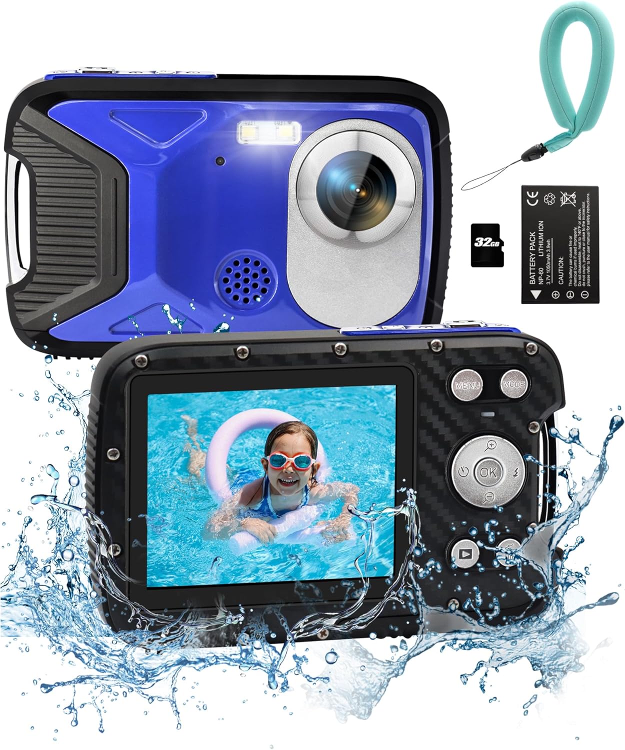 16FT Waterproo Camera, 30MP Underwater Digital Camera with 32G Card and Floating Strap, 18X Zoom Rechargeable Point and Shoot Camera for Snorkeling Swimming