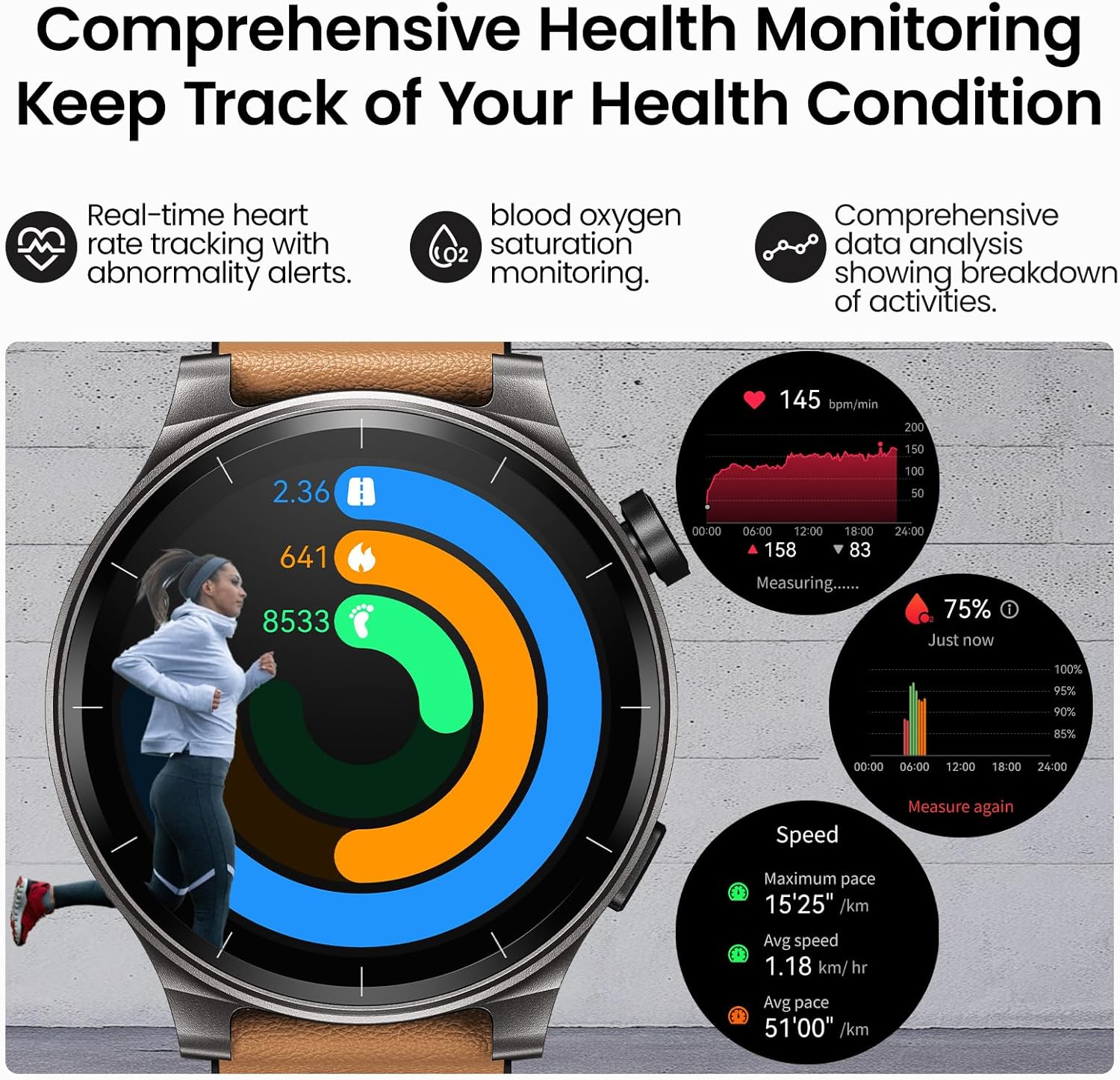 TOZO AMOLED S5 Smart Watch (Answer/Make Calls), 1.43’’ HD Screen for Men Women 100+ Sport Modes Fitness Watchs with Blood Oxygen/Sleep/Heart Rate Monitor, IP68 Waterproof, Leather Band Orange - Image 5