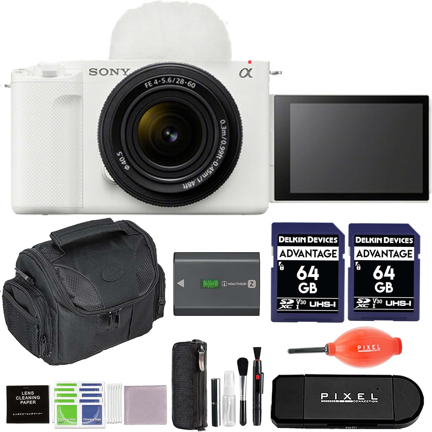 Sony ZV-E1 Mirrorless Vlog Camera (White) with 28-60mm Lens Bundle with 2 x Delkin 64GB SD Card, Gadget Bag, & More