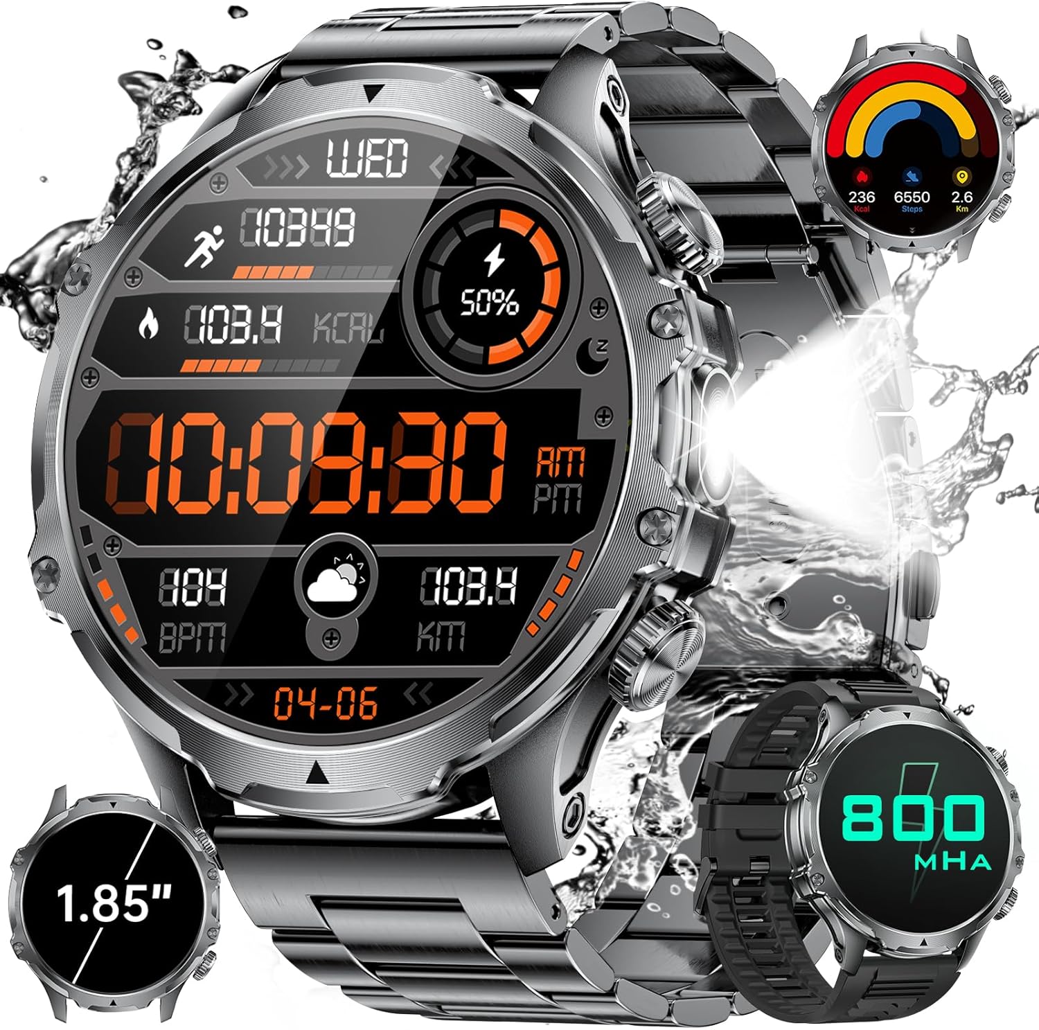 Military Smart Watch for Men, 1.85'' HD Large Screen Smartwatch, Flashlight/5ATM Waterproof/800mAh/100+ Sports Fitness Tracker Watch, Pedometer Mens Smart Watch for Android iPhone Compatible