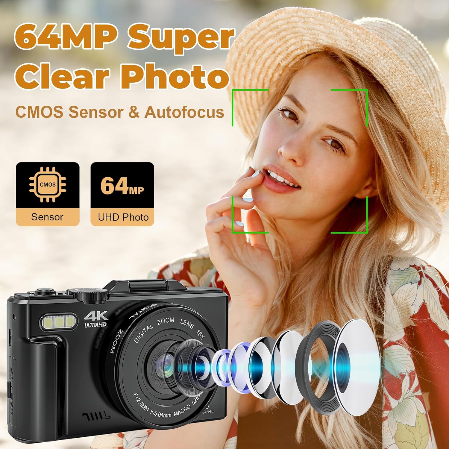 4K Digital Camera - Digital Cameras for Photography - 64MP Vlogging Camera for YouTube - Autofocus Video Camera 3" 180° Flip Screen with 18X Zoom - Compact Travel Cameras with 32GB SD Card 2 Batteries - Image 2