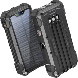 GOODaaa Power Bank Portable Charger 42800mAh Built in 4 Cables and Thermometer 15W Fast Charging Power Bank Five Outputs Three Inputs Solar Charger Power Bank, SOS/Strobe/Strong Flashlights, Carabiner