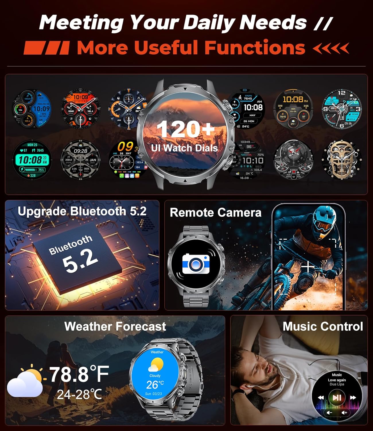 Military Smart Watch for Men, 1.85'' HD Large Screen Smartwatch, Flashlight/5ATM Waterproof/800mAh/100+ Sports Fitness Tracker Watch, Pedometer Mens Smart Watch for Android iPhone Compatible - Image 9