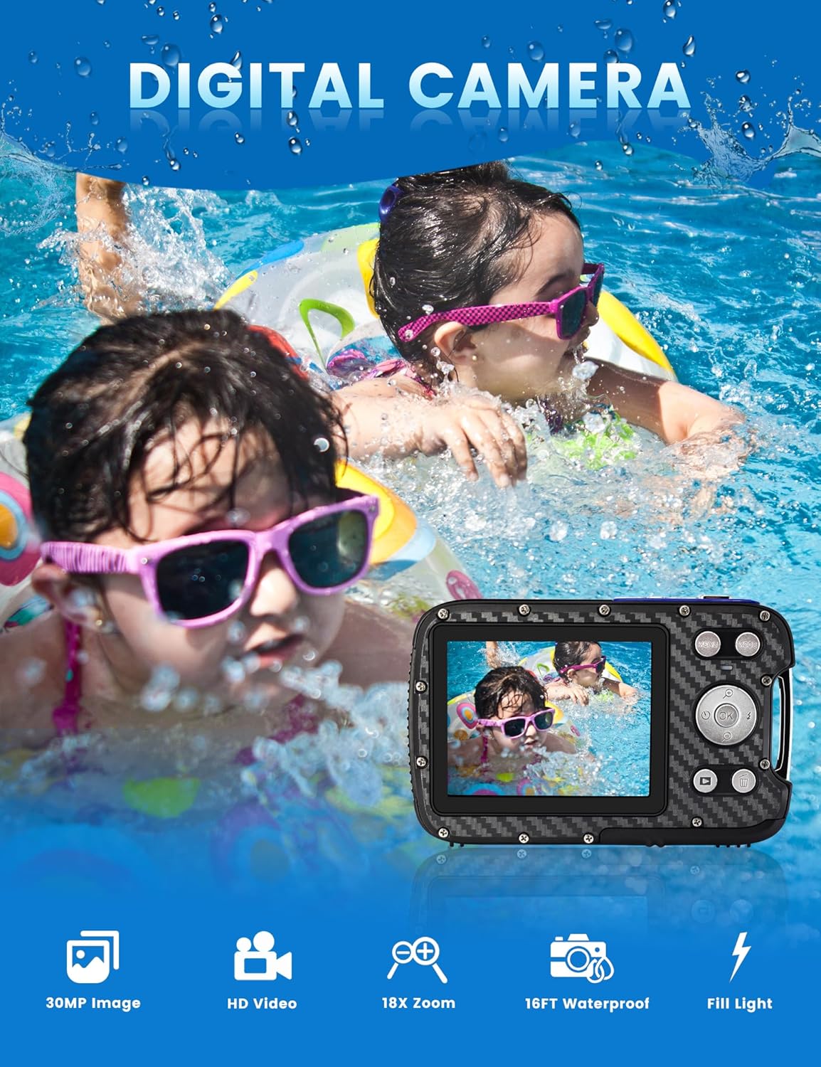 16FT Waterproo Camera, 30MP Underwater Digital Camera with 32G Card and Floating Strap, 18X Zoom Rechargeable Point and Shoot Camera for Snorkeling Swimming - Image 2