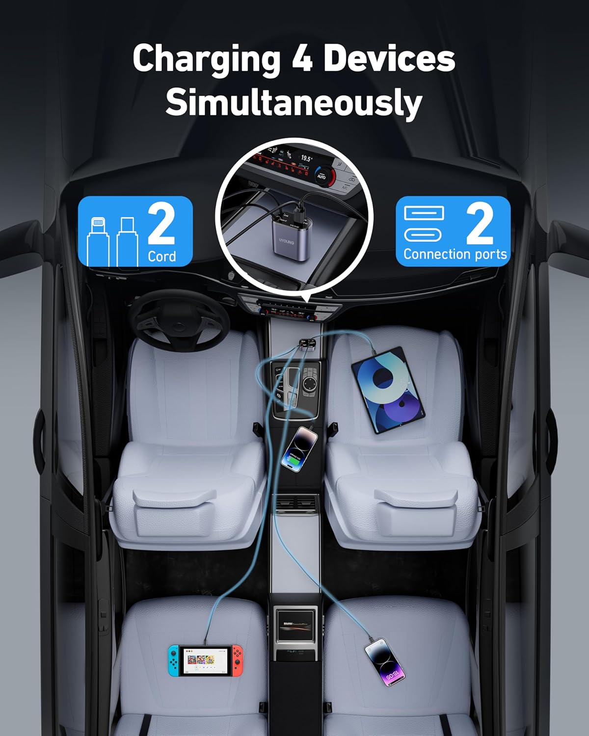 iPhone Car Charger, Retractable Fast Car Phone Charger 100W for CarPlay, 4 in 1 Car Charger Adapter with 2 Cables 31.5 Inch and 2 USB Ports, Compatible with iPhone 16/15/14/13/12/11 Pro/Samsung - Image 4