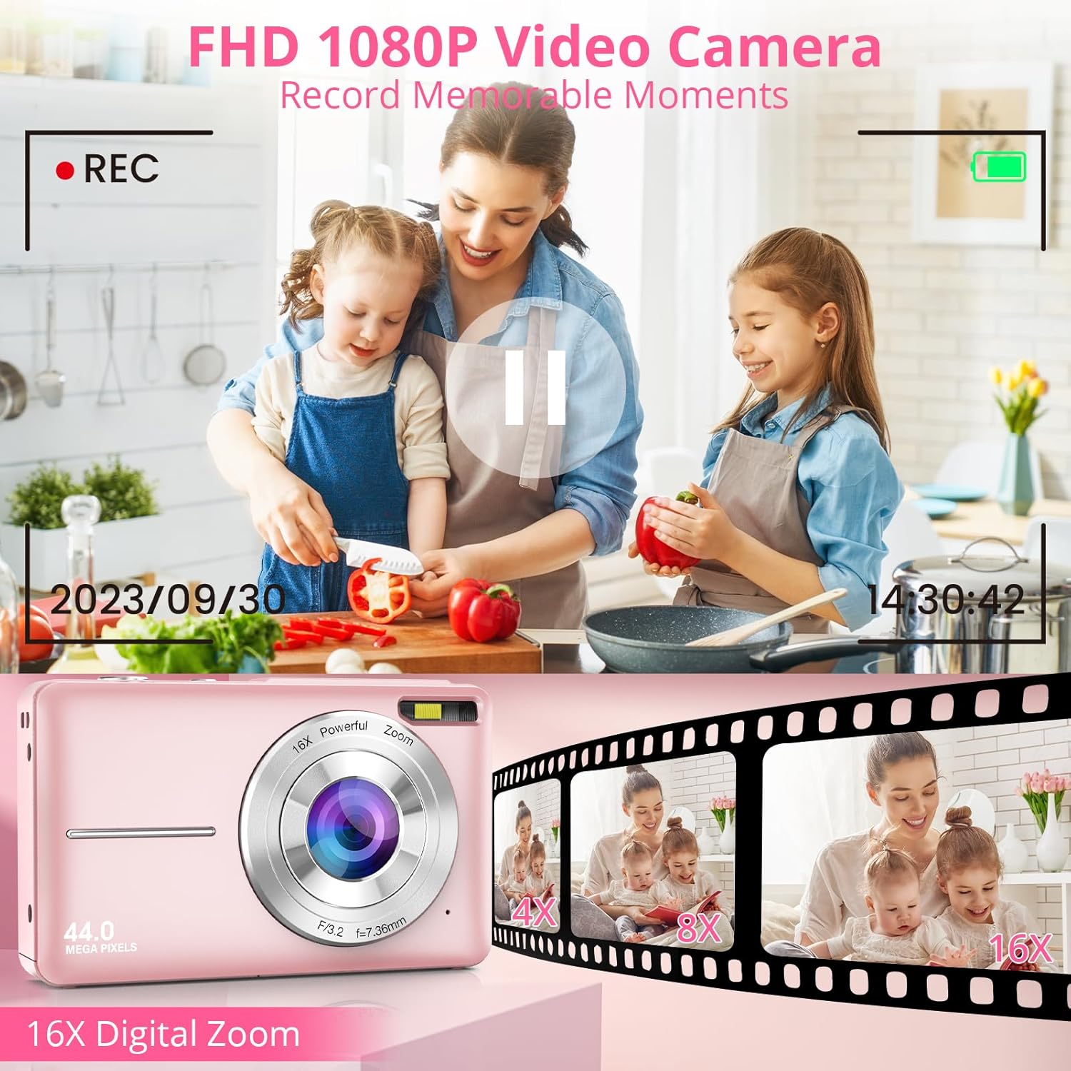 Digital Camera, FHD 1080P Digital Camera for Kids with 16X Zoom Anti Shake, Flashlight, 44MP Point and Shoot Camera Compact Small Digital Camera for Teens, Girls, Boys, Students - Pink - Image 3