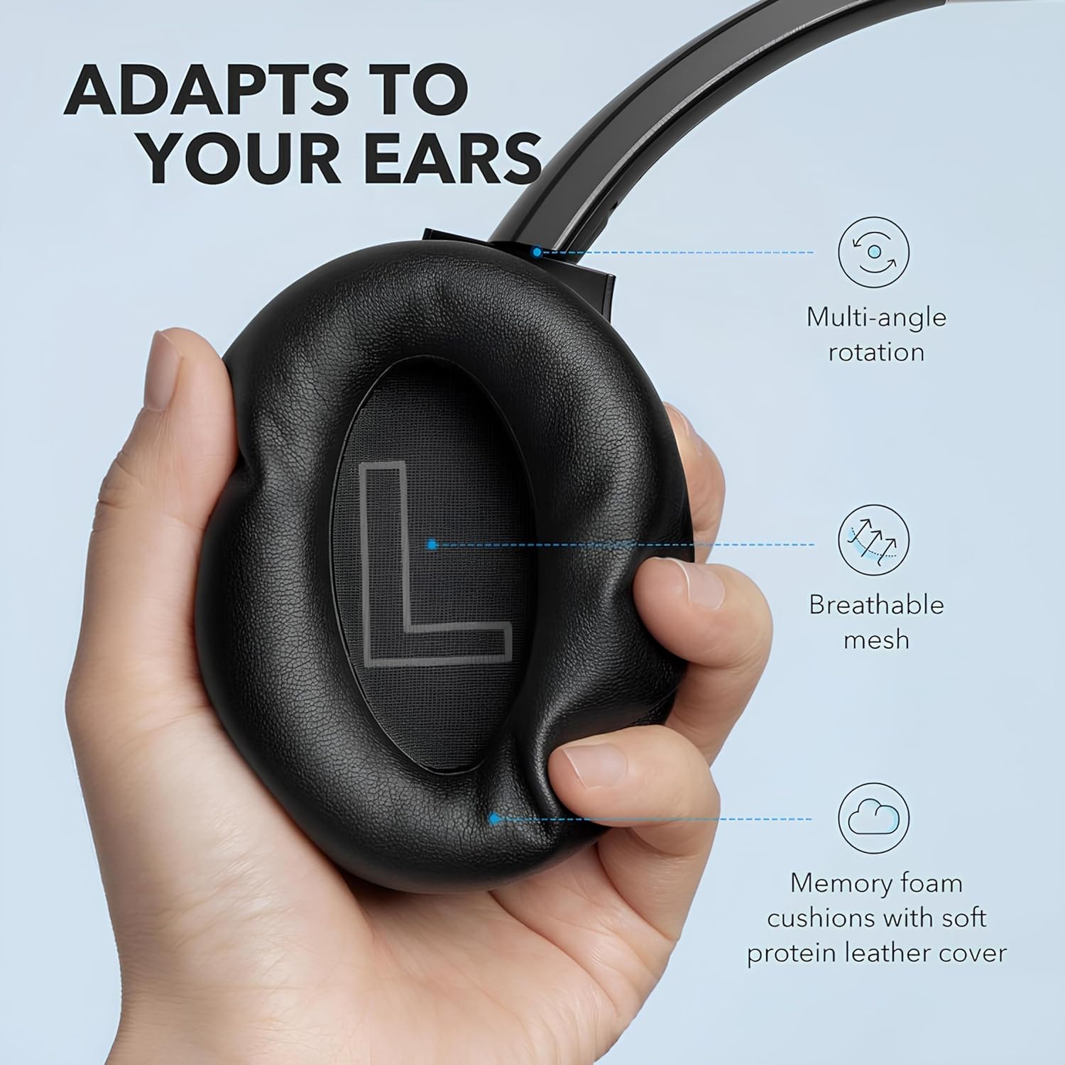Soundcore Anker Life Q20 Hybrid Active Noise Cancelling Headphones, Wireless Over Ear Bluetooth Headphones, 60H Playtime, Hi-Res Audio, Deep Bass, Memory Foam Ear Cups, Travel, Office, USB-C Charging - Image 5