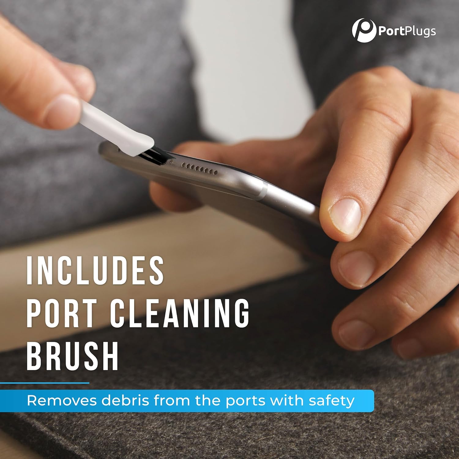 PortPlugs Anti Dust Plugs (10 Pack) - includes Charging Port Cleaning Brush - Flat Design Port Protector Cover - Compatible w/iPhone 14, 13,12,11 & Air Pods - Black - Image 4