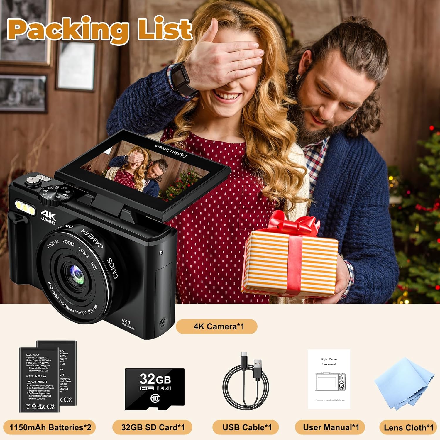 4K Digital Camera - Digital Cameras for Photography - 64MP Vlogging Camera for YouTube - Autofocus Video Camera 3" 180° Flip Screen with 18X Zoom - Compact Travel Cameras with 32GB SD Card 2 Batteries - Image 6
