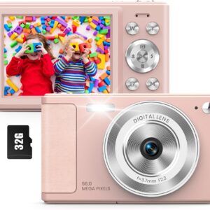 WONNIE Digital Camera 56MP, FHD 1080P Point & Shoot Camera with 32GB SD Card, 2 Batteries, and Lanyard, Ideal for Kids & Teens, Suitable Gift for Girls
