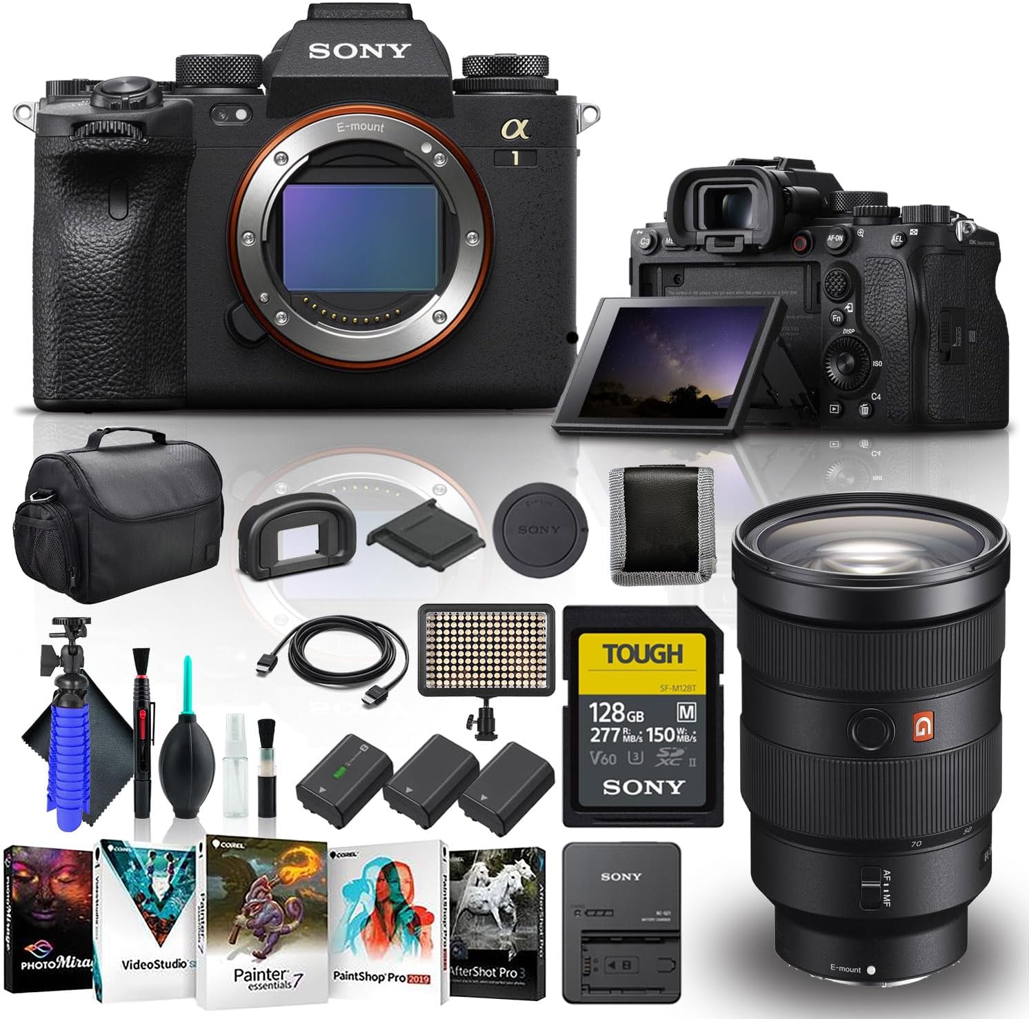 Sony Alpha 1 Mirrorless Digital Camera Body Only ILCE-1/B, Sony FE 24-70mm f/2.8 GM Lens, 128GB Tough Memory Card, Corel Photo Software, 2 x NP-FZ100 Compatible Battery, LED Light, and More