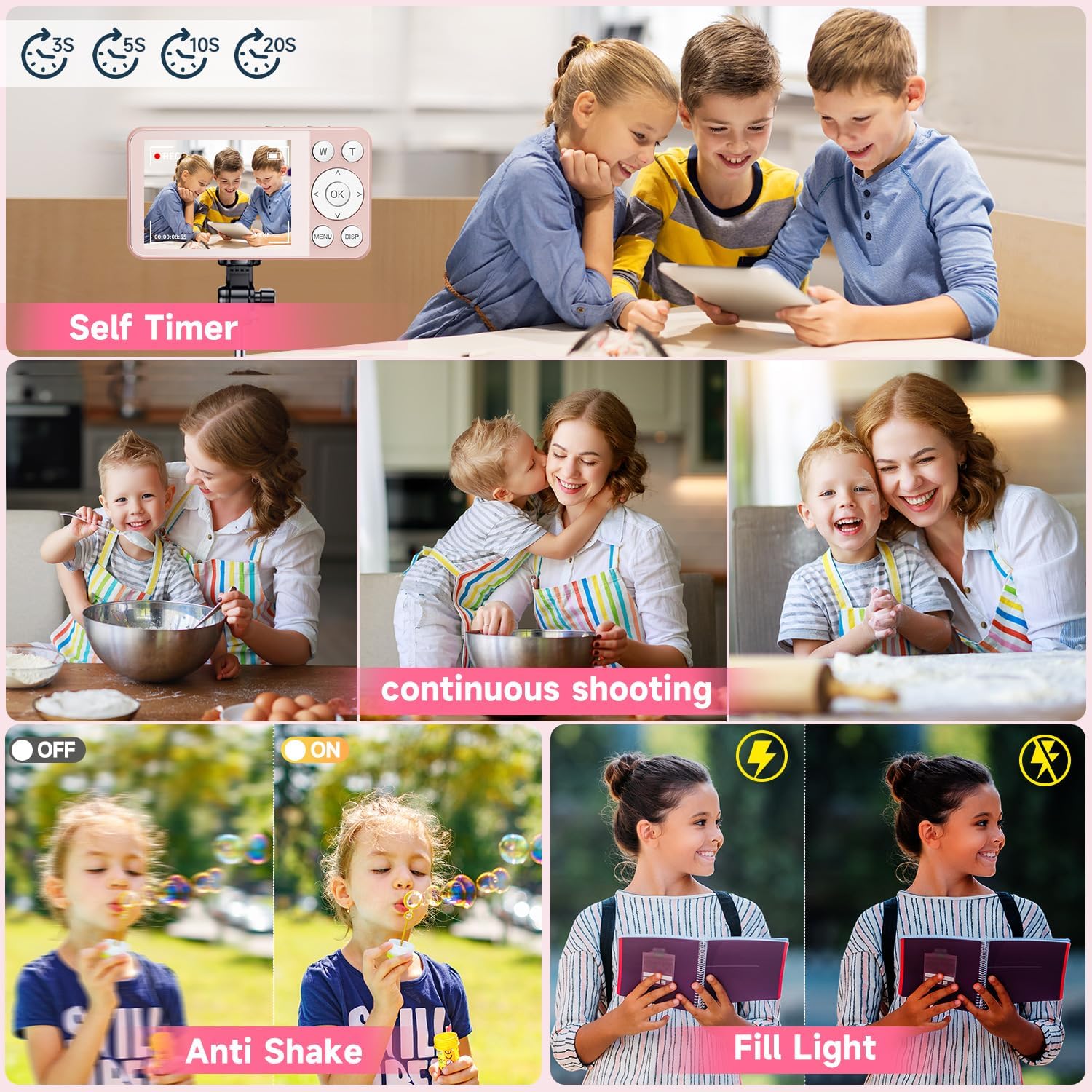 Digital Camera, Autofocus 4K 64MP Point and Shoot Digital Cameras for Teens with 64GB Card, 18X Zoom Anti-Shake Compact Video Camera for Student Kids Boys Girls Beginner - Pink - Image 4