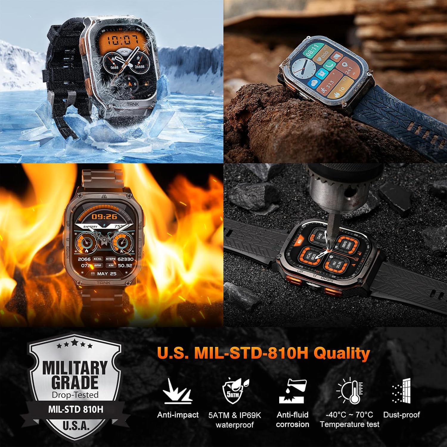 AMAZTIM Military Smart Watch with GPS, 6 Satellite Positioning/Compass, Stainless Steel Body, 50M Waterproof, 480mAh Extra-large battery, Answer/Make Call, 2" AMOLED Screen, Compatible for Android iOS - Image 3