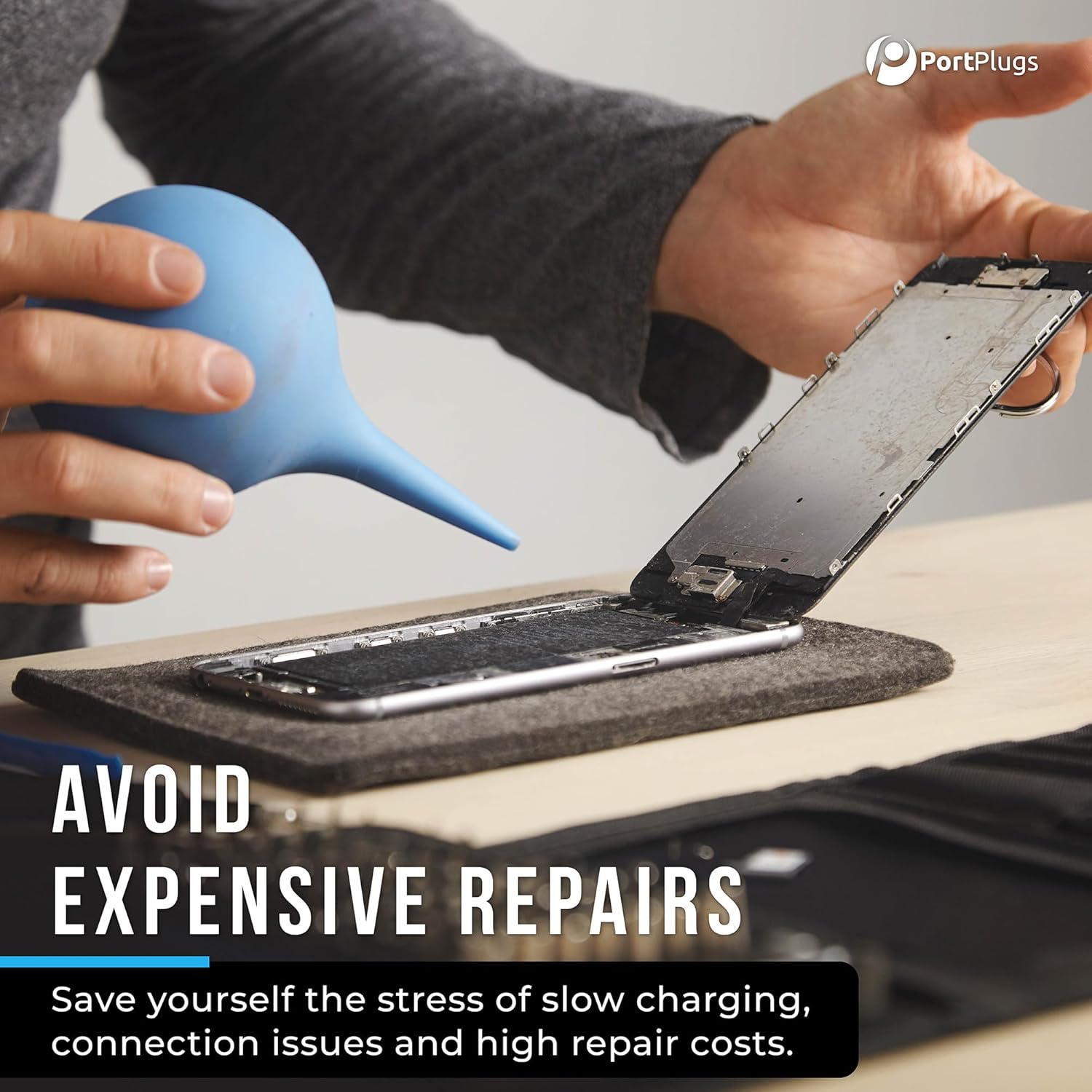 PortPlugs Anti Dust Plugs (10 Pack) - includes Charging Port Cleaning Brush - Flat Design Port Protector Cover - Compatible w/iPhone 14, 13,12,11 & Air Pods - Black - Image 7