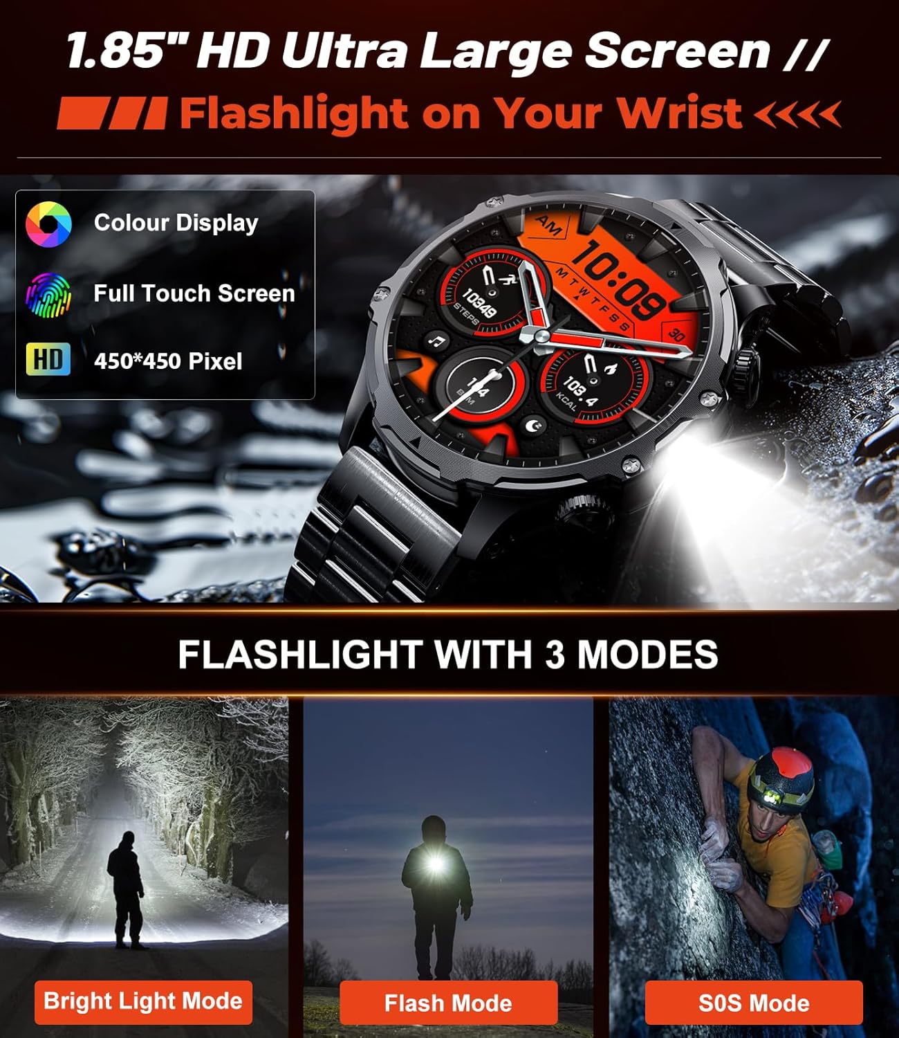 Military Smart Watch for Men, 1.85'' HD Large Screen Smartwatch, Flashlight/5ATM Waterproof/800mAh/100+ Sports Fitness Tracker Watch, Pedometer Mens Smart Watch for Android iPhone Compatible - Image 2