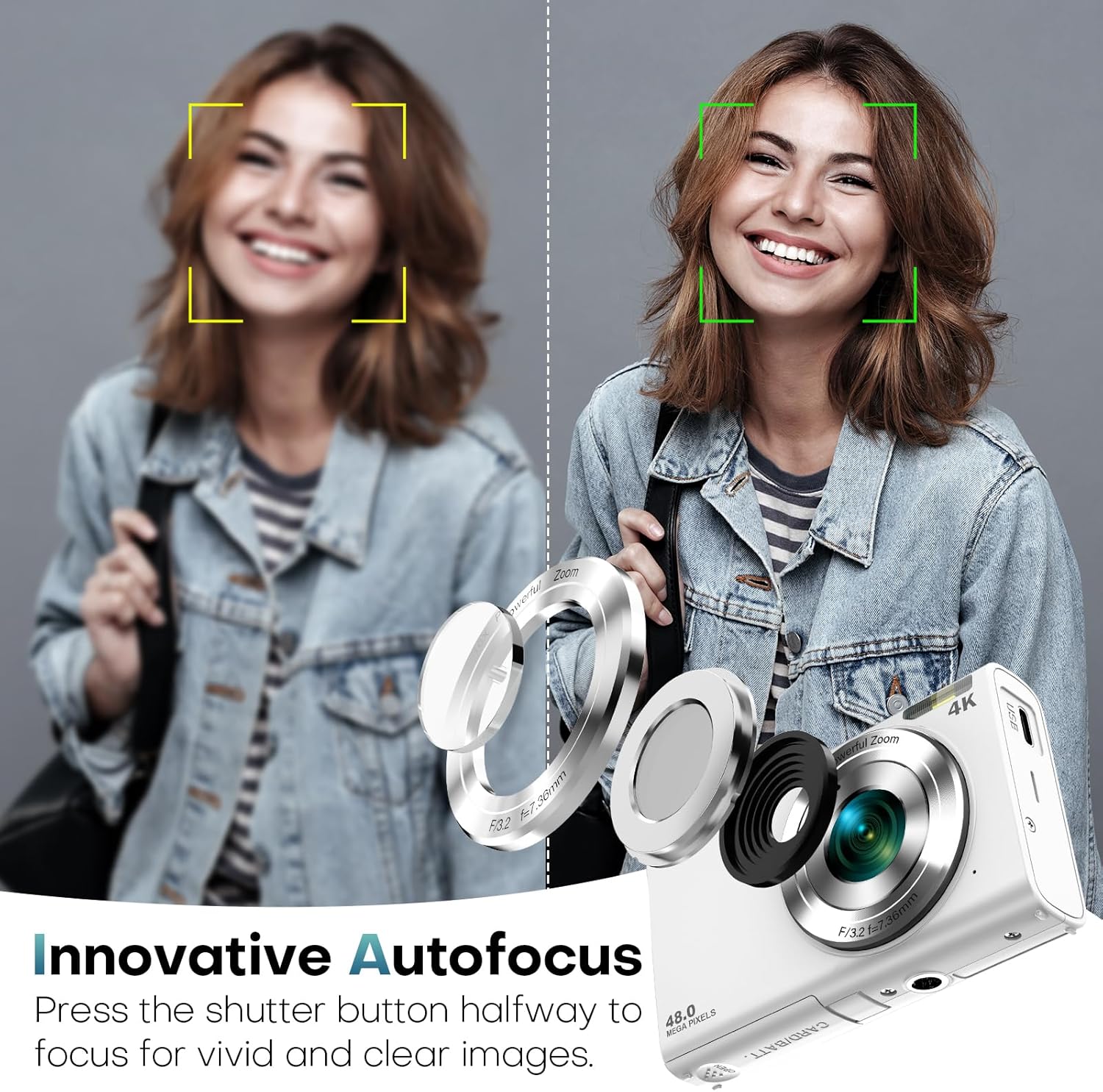 Digital Camera, Autofocus UHD 4K Vlogging Camera with 32GB Card, 48MP 16X Digital Zoom Digital Camera, Anti-Shake Portable YouTube Compact Point Shoot Camera for Teens Adult Beginner(White) - Image 3